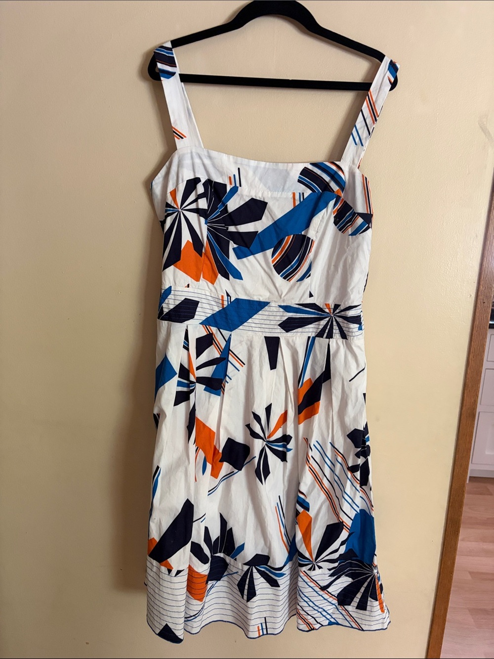 White Midi Sundress with Blue and Orange Abstract Print